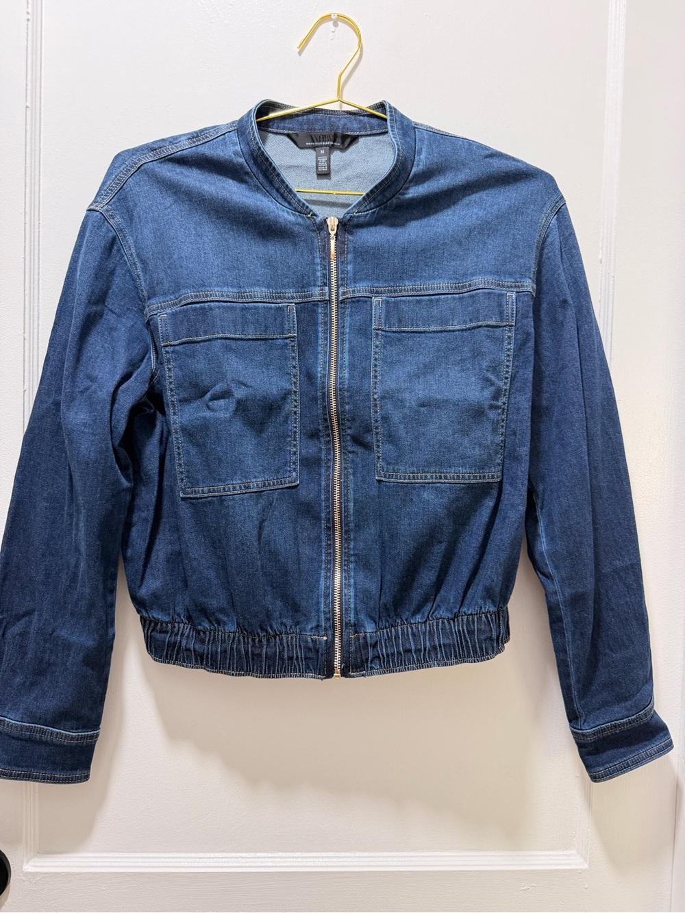 White House Black Market Denim Bomber Jacket Dark Wash-Size M